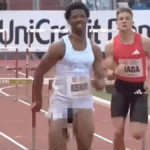 Awkward moment US sprinter suffers severe wardrobe malfunction mid-race but still manages to finish first Awkward moment US sprinter suffers severe wardrobe malfunction mid-race but still manages to finish first
