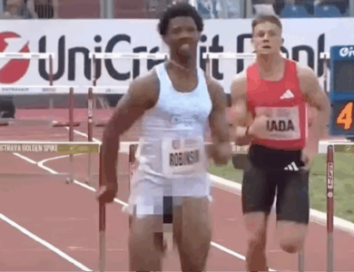 Awkward moment US sprinter suffers severe wardrobe malfunction mid-race but still manages to finish first Awkward moment US sprinter suffers severe wardrobe malfunction mid-race but still manages to finish first